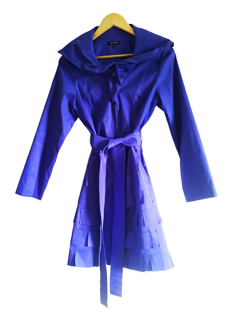 Size S Samuel Dong Cobalt Blue Belted Trench Coat with Square Appliques